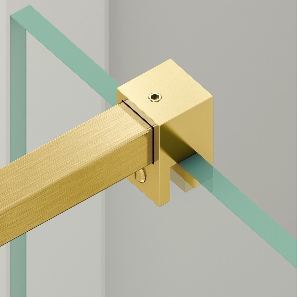 Brushed gold support bar detail of C30 walk-in shower room, showcasing minimalist hardware and solid glass connection